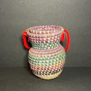 Hand-Woven Small Purple & Green Olla Basket Jar w/ Lid & Red Carrying Handle 5"